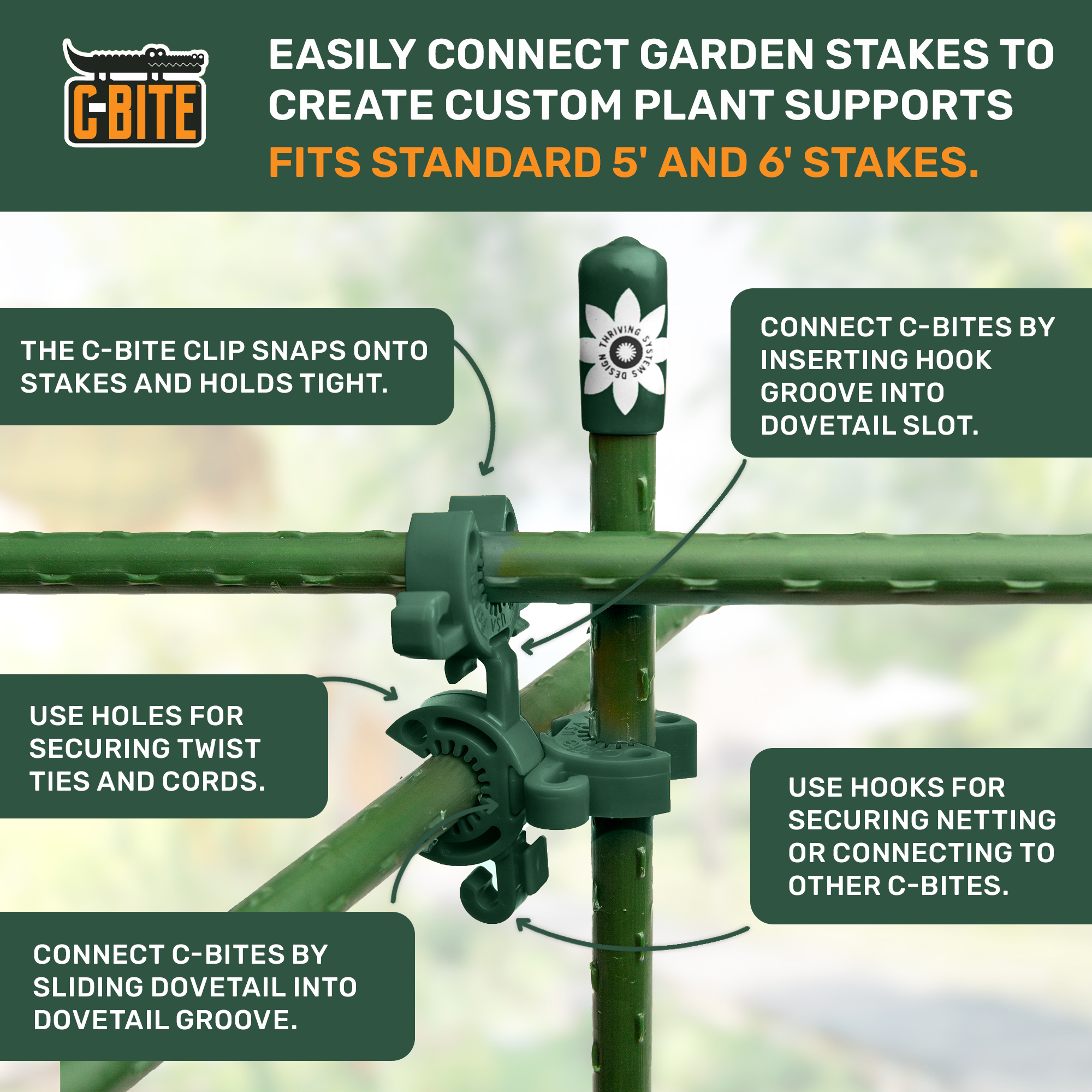 Dark Green C-BITE Garden Stake Clips for 7/16" Garden Stakes (In quantities of 26, 100 and 1000)