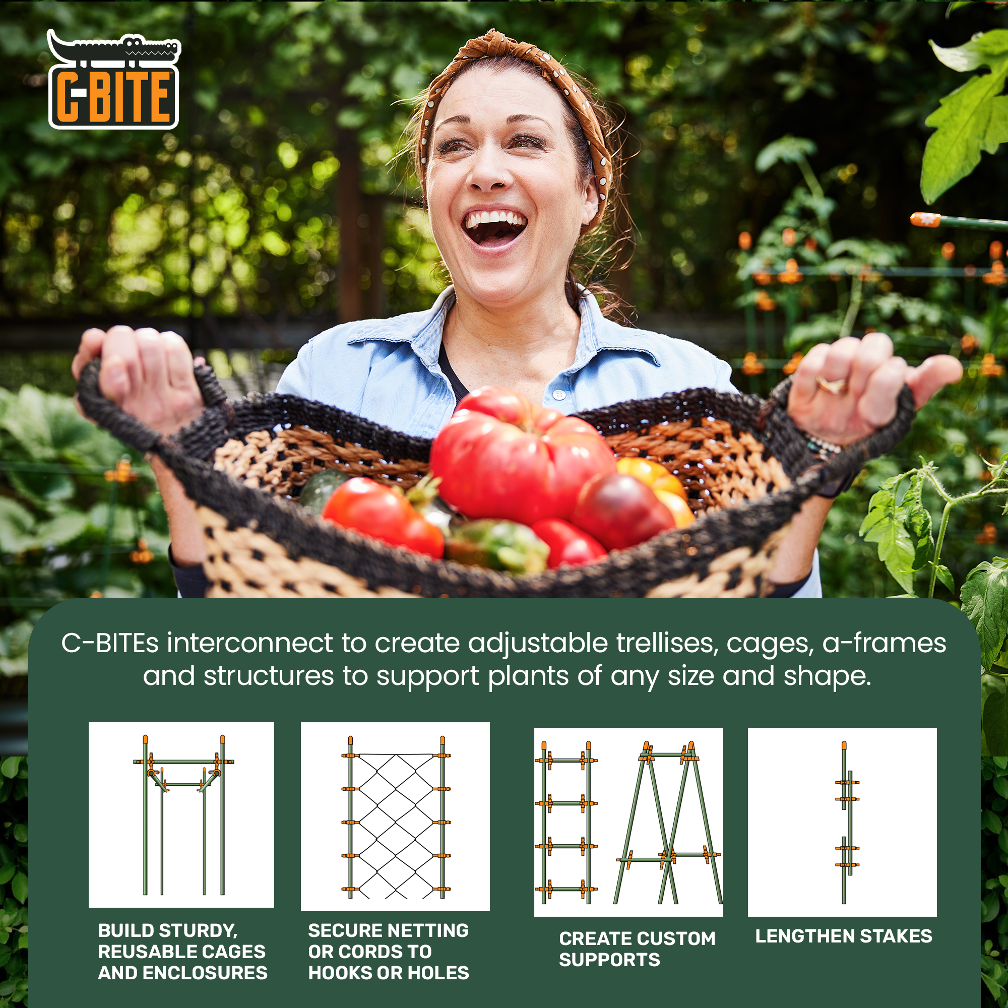 Dark Green C-BITE Garden Stake Clips for 7/16" Garden Stakes (In quantities of 26, 100 and 1000)