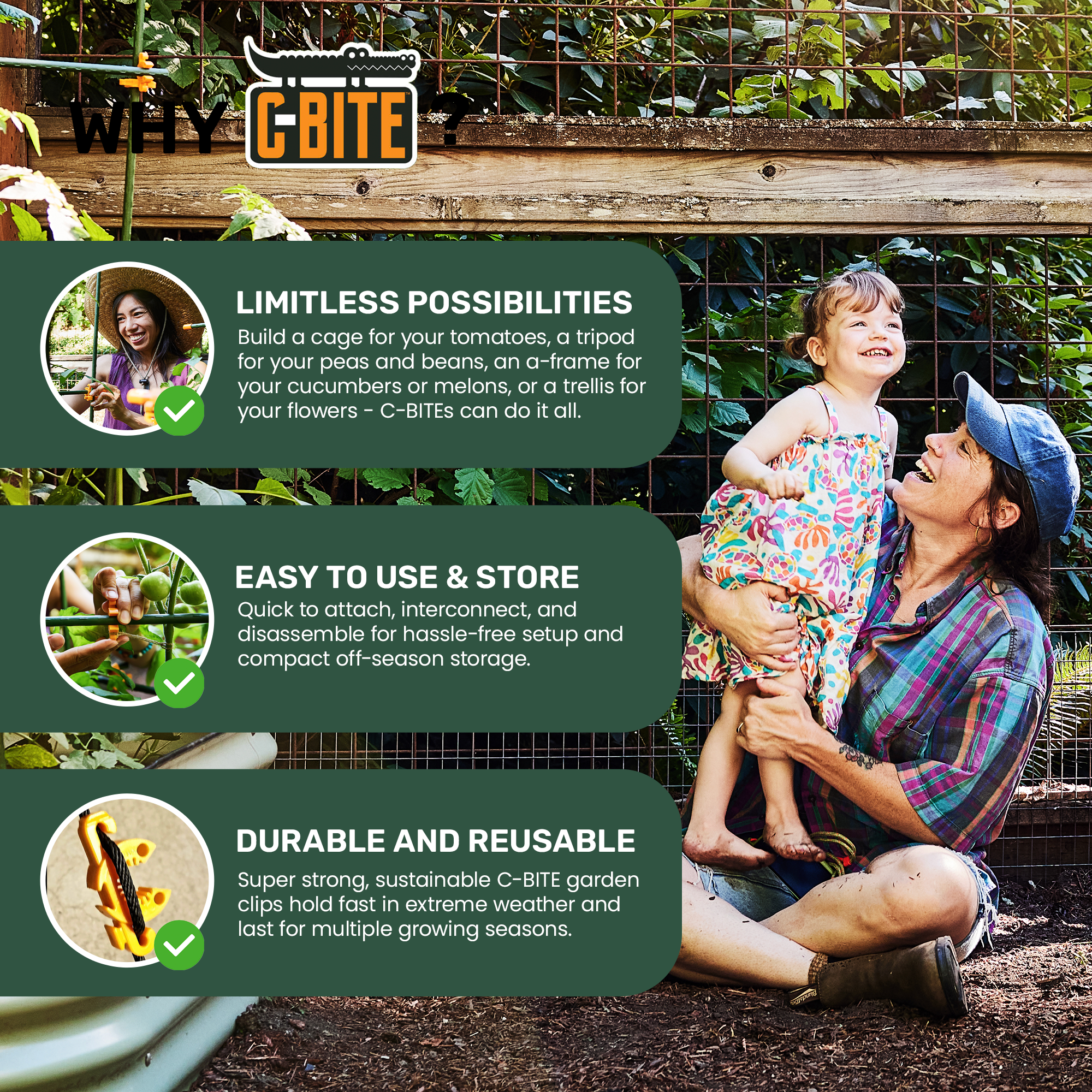 Dark Green C-BITE Garden Stake Clips for 7/16" Garden Stakes (In quantities of 26, 100 and 1000)