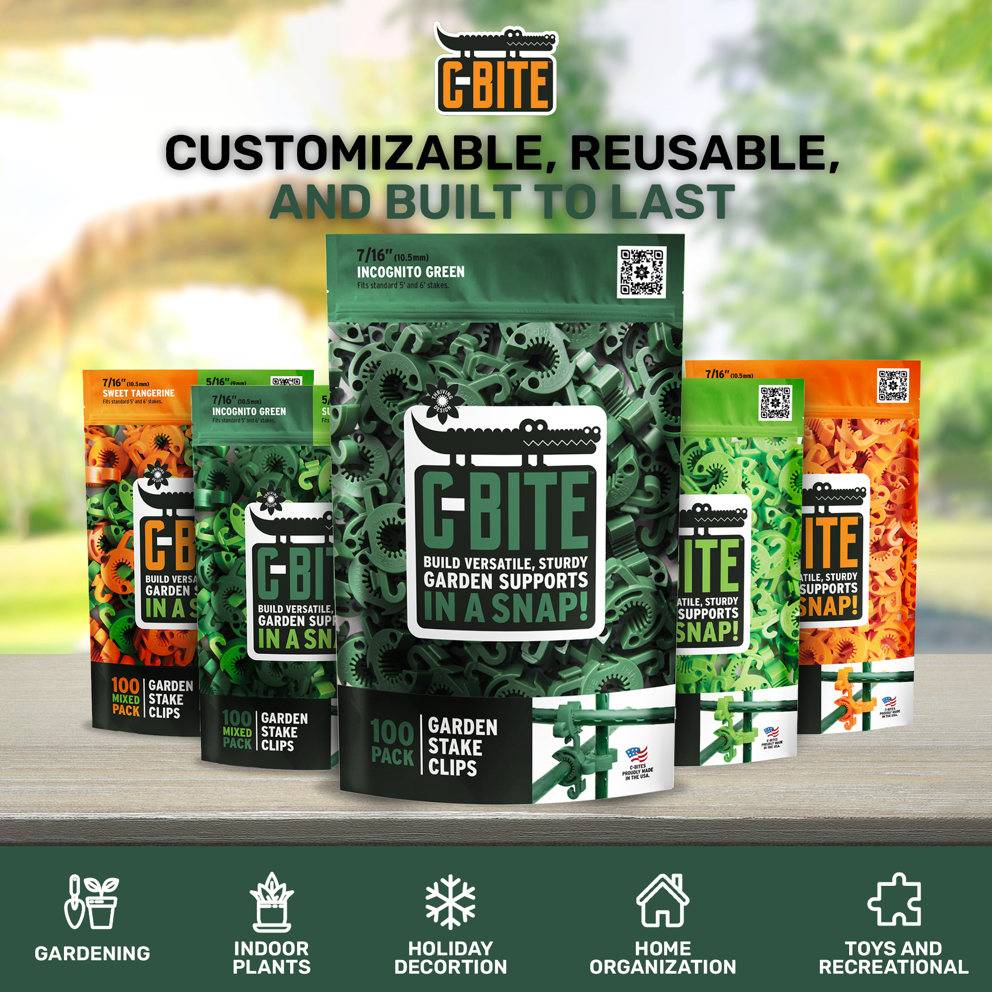 Dark Green C-BITE Garden Stake Clips for 7/16" Garden Stakes (In quantities of 26, 100 and 1000)