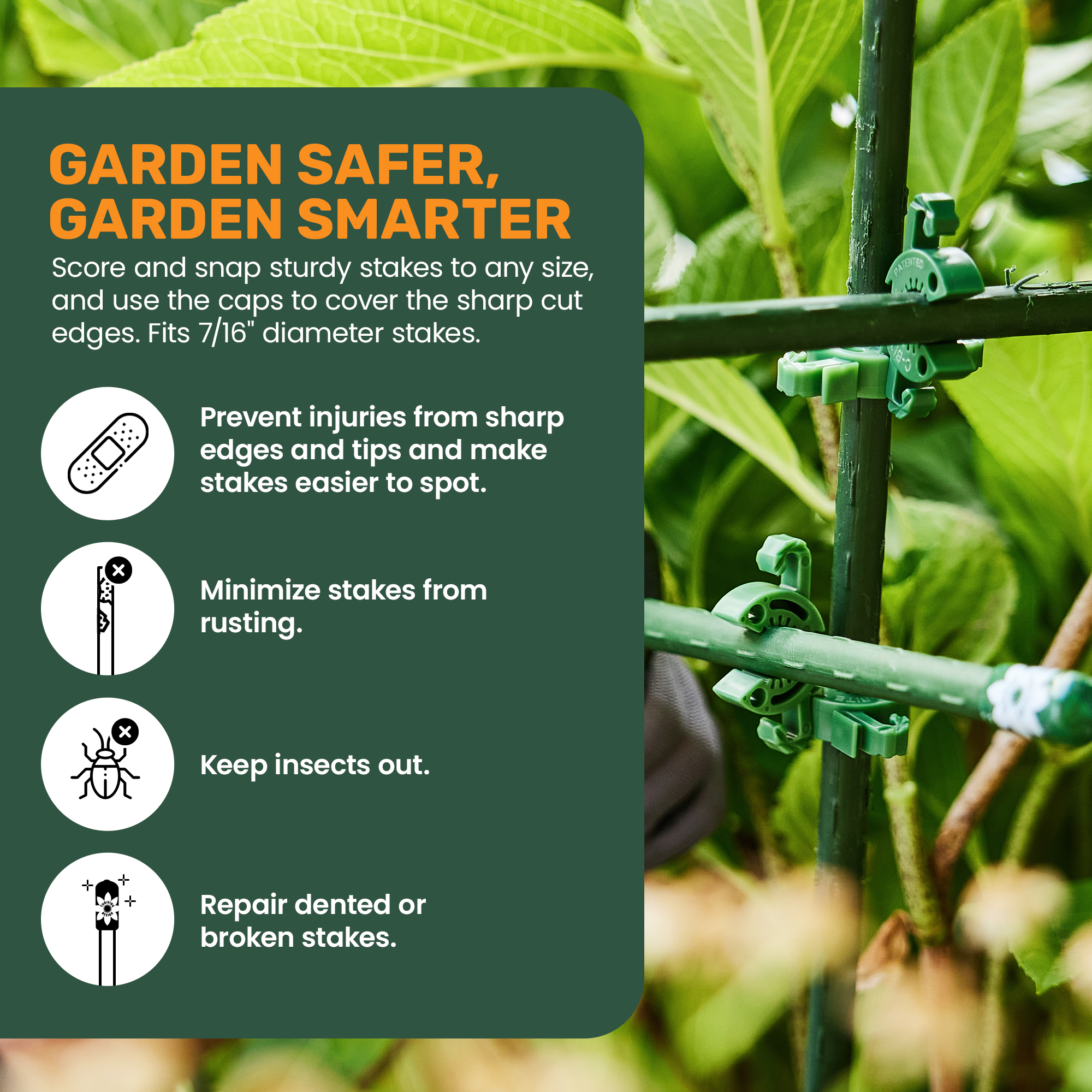 Twelve (12) Soft Stake Safety Caps for 7/16" Garden Stakes - in Tangerine or Incognito Green