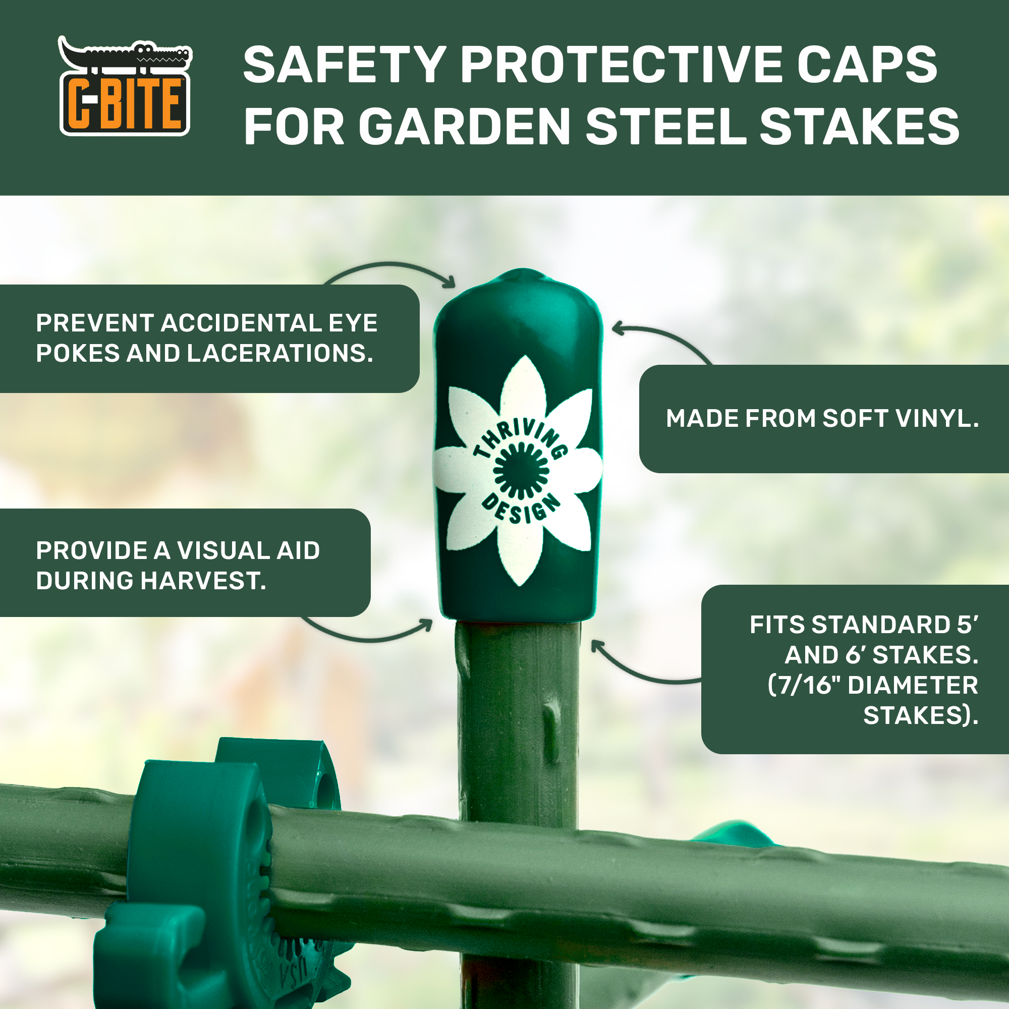 Twelve (12) Soft Stake Safety Caps for 7/16" Garden Stakes - in Tangerine or Incognito Green