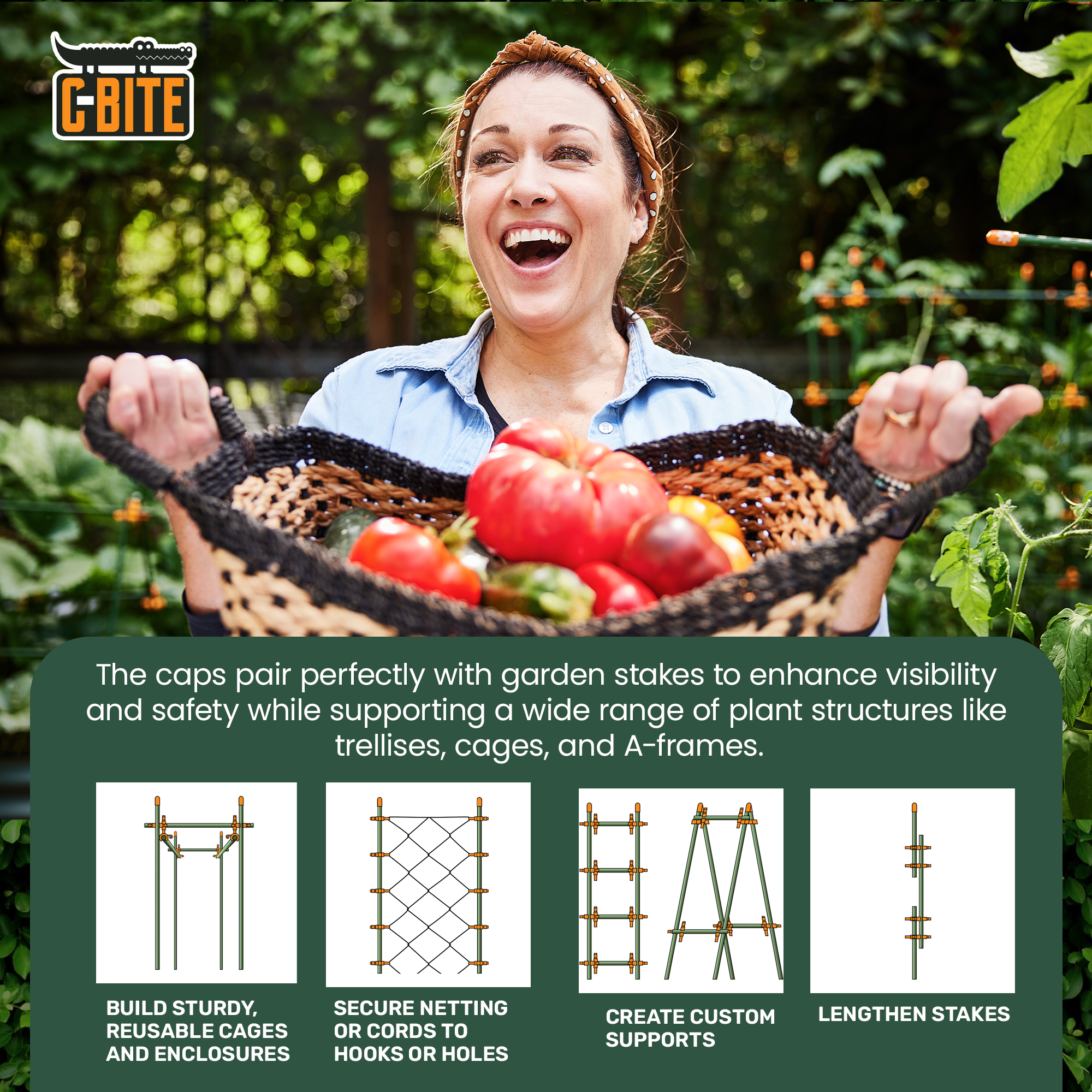Twelve (12) Soft Stake Safety Caps for 7/16" Garden Stakes - in Tangerine or Incognito Green