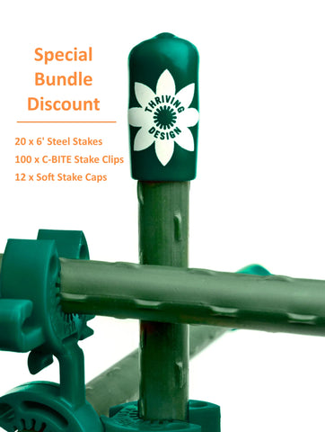 Bundle of one hundred (100) C-BITEs, Twenty (20) x 6' foot Stakes and Twelve (12) Soft Stake Safety Caps - All Dark Green