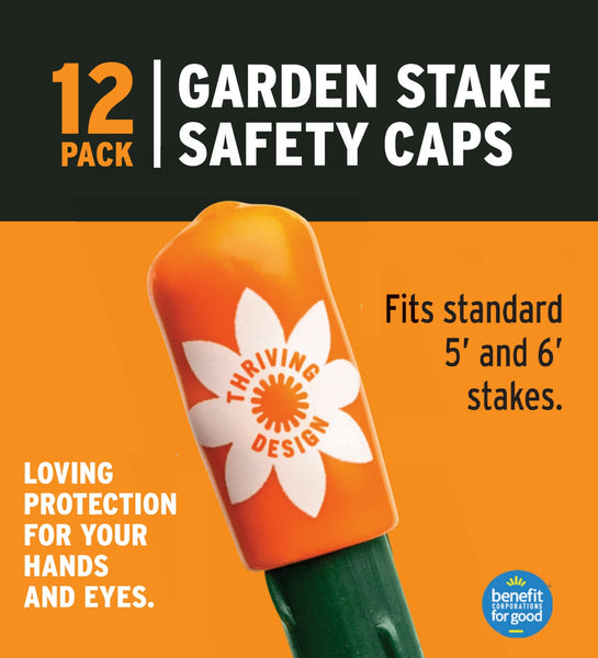 Twelve (12) Soft Stake Safety Caps  for  7/16" Garden Stakes - in Tangerine or Incognito Green - Thriving Design